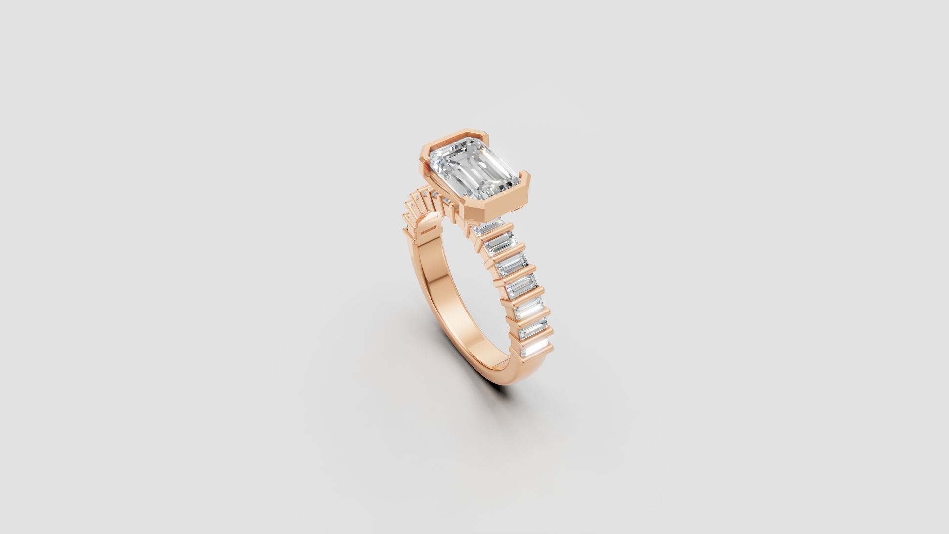 ✨ Emerald-Cut Solitaire with Baguette Band | 14K Rose Gold Ring | DS IMPEX