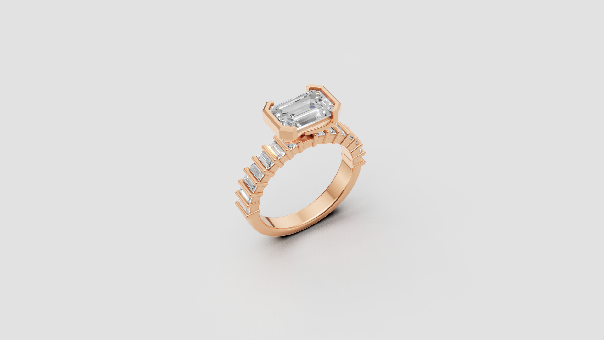 ✨ Emerald-Cut Solitaire with Baguette Band | 14K Rose Gold Ring | DS IMPEX