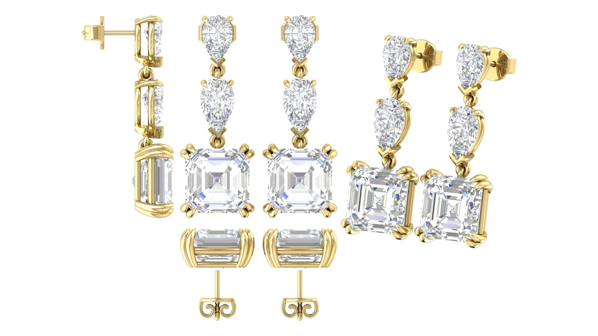 Asscher-Cut & Pear Drop Earrings | 18K Gold | DS IMPEX