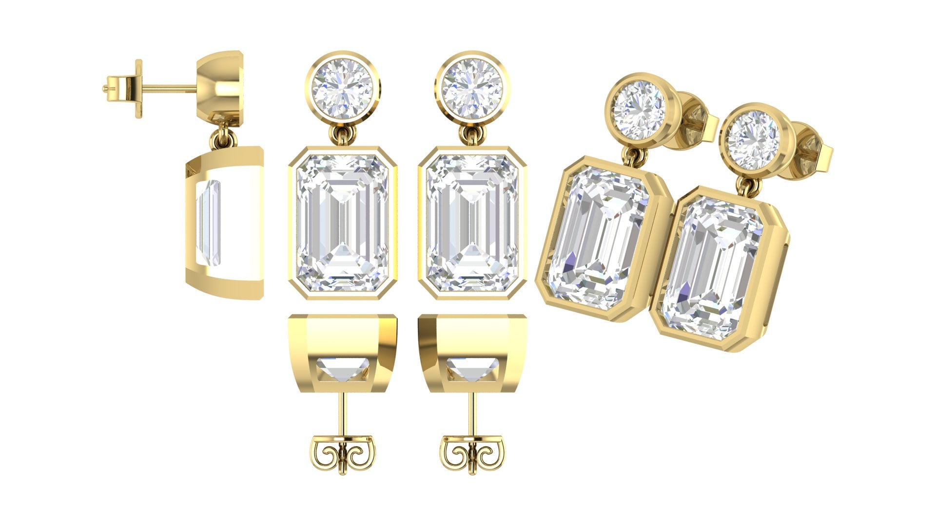 Emerald-Cut & Round Drop Earrings | 18K Gold | DS IMPEX
