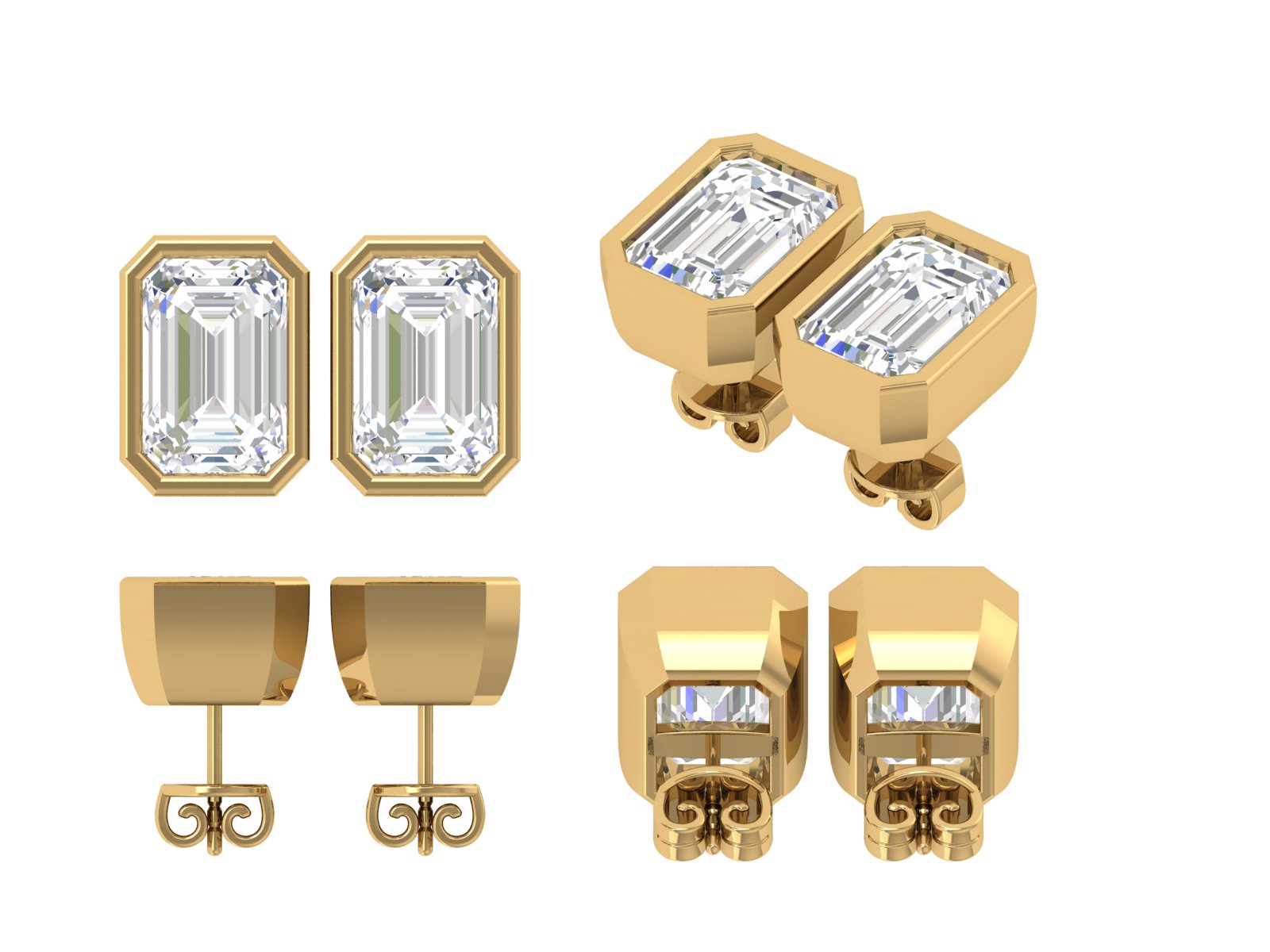 Emerald-Cut Bezel Stud Earrings | 18K Gold | DS IMPEX
