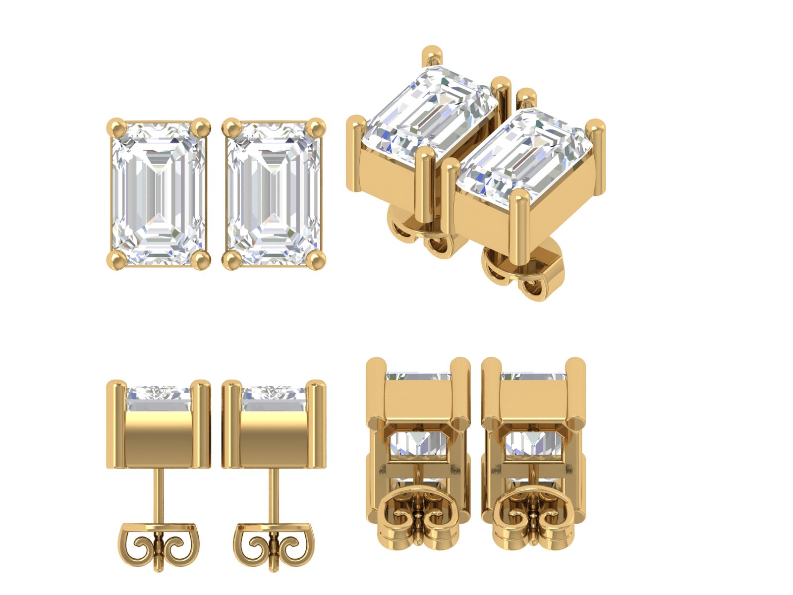 Emerald-Cut 4-Prong Stud Earrings | 18K Gold | DS IMPEX