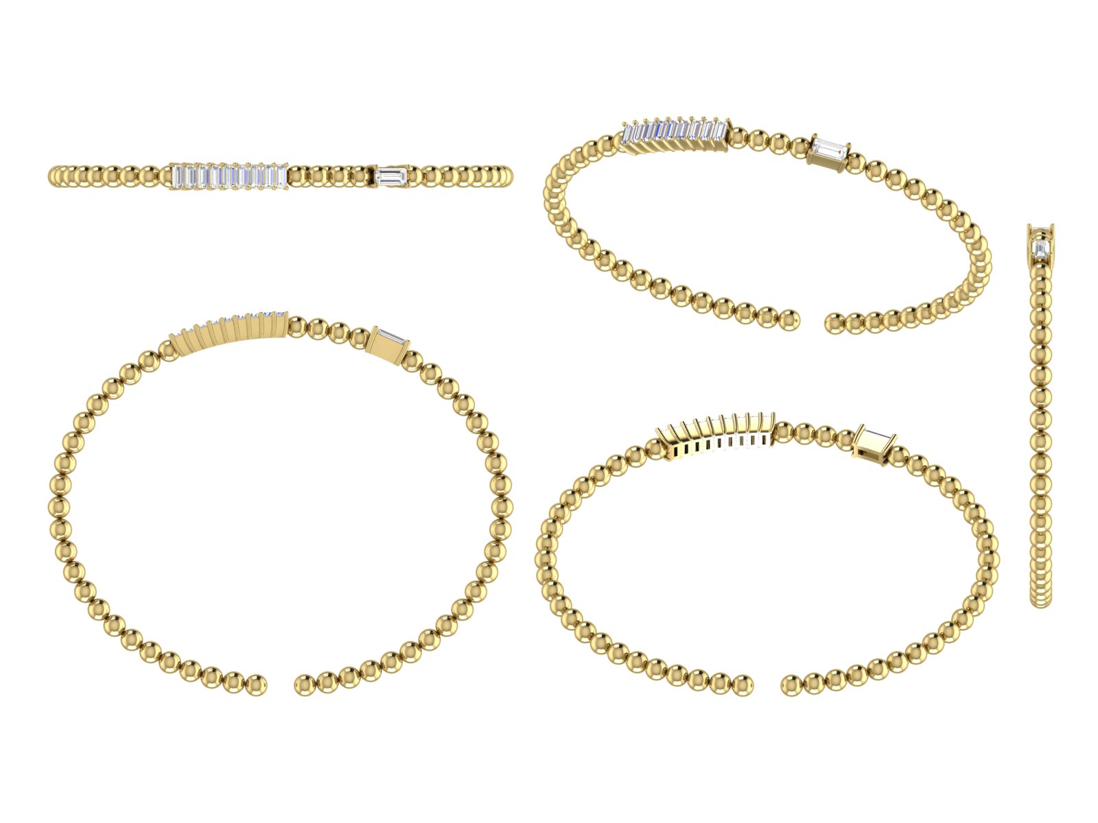 Baguette Diamond Beaded Open Bangle | 14K Gold | DS IMPEX