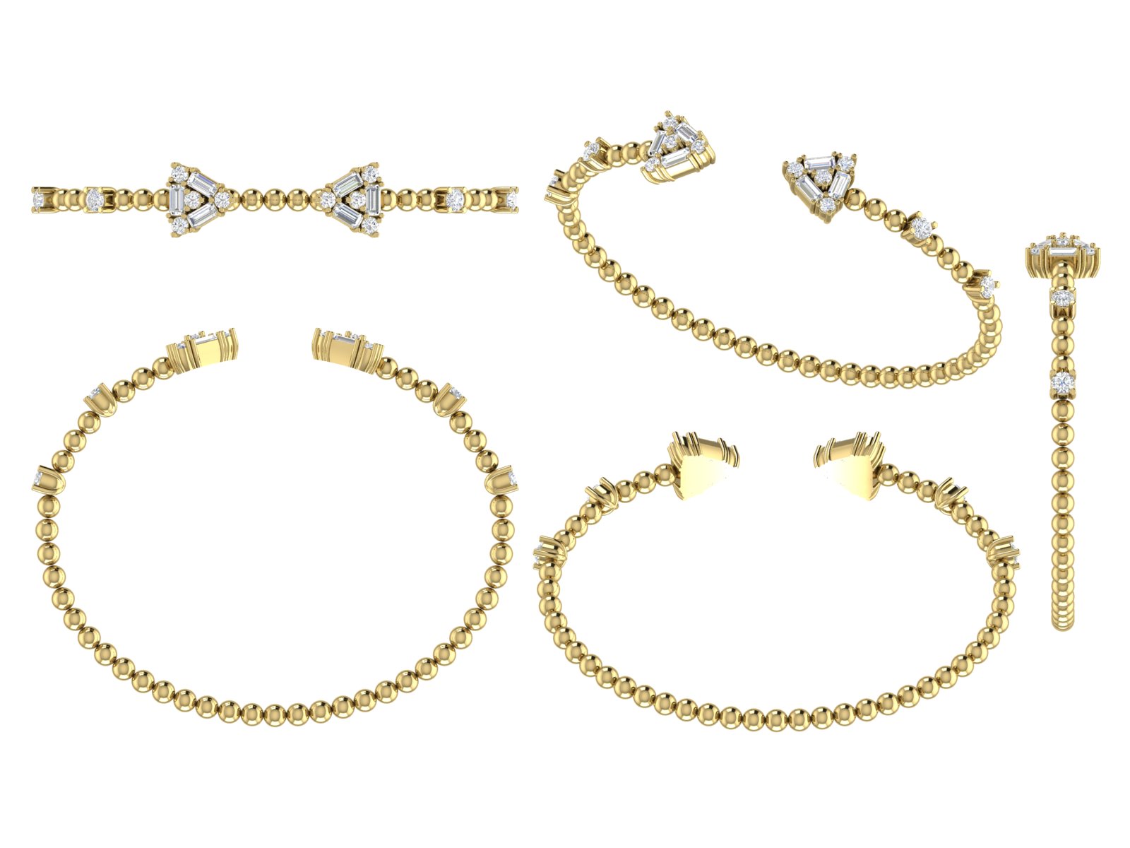 Trillion-Cut Diamond Beaded Open Bangle | 14K Gold | DS IMPEX