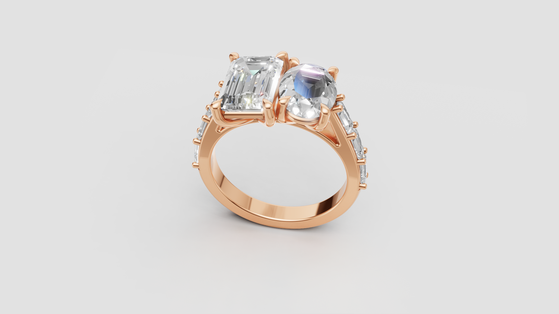 ✨ Dual-Cut Emerald & Oval Ring with Side Accents | 14K Gold | DS IMPEX