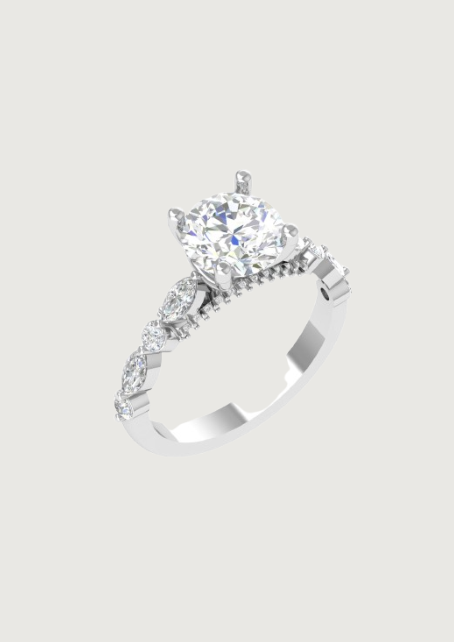 Cushion-Cut Solitaire Engagement Ring – Marquise & Round Accent Band in White Gold | Graceful Romance by DS IMPEX