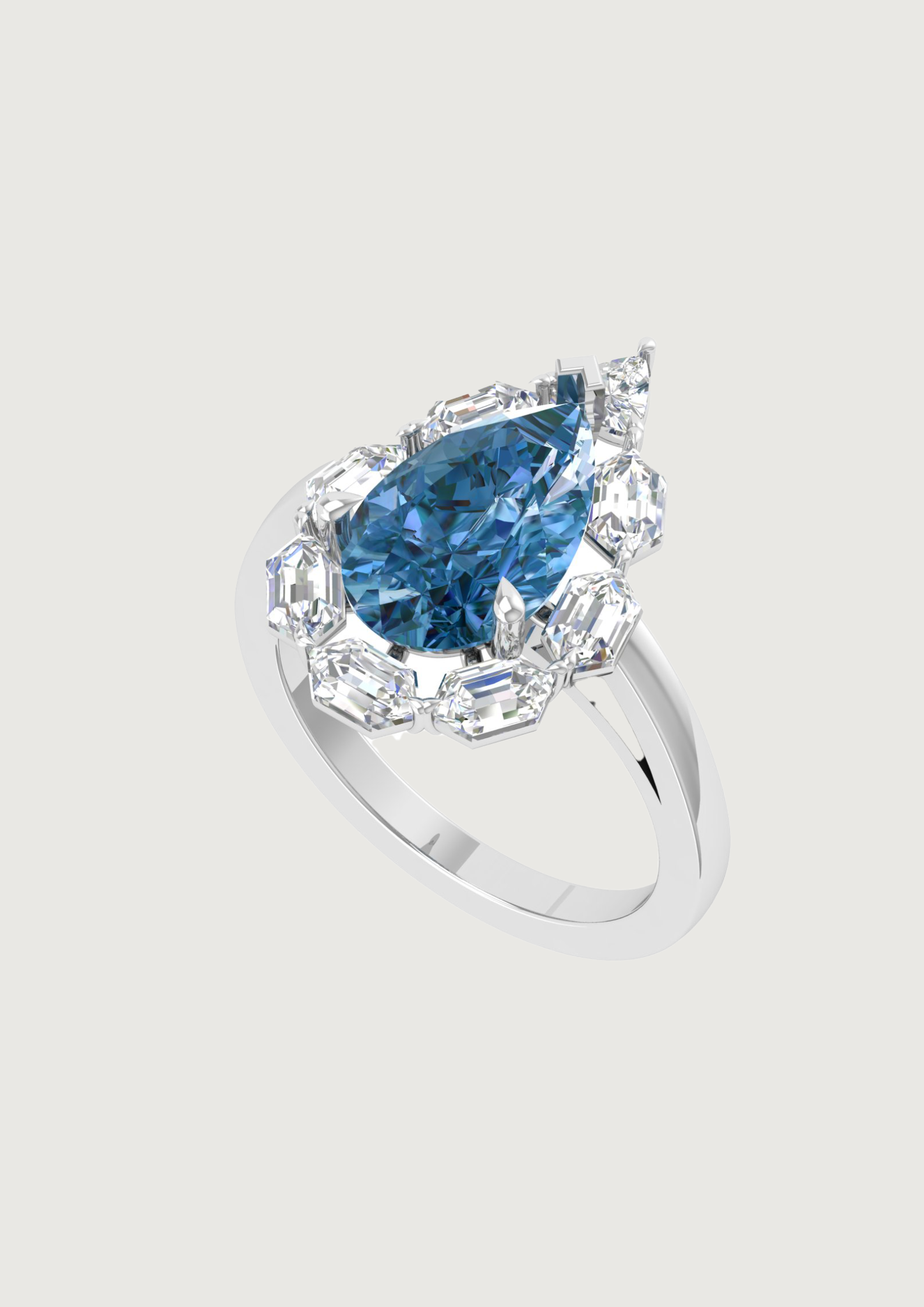 Ocean Bloom – 14K White Gold Blue Pear & Baguette Diamond Ring | DS IMPEX
