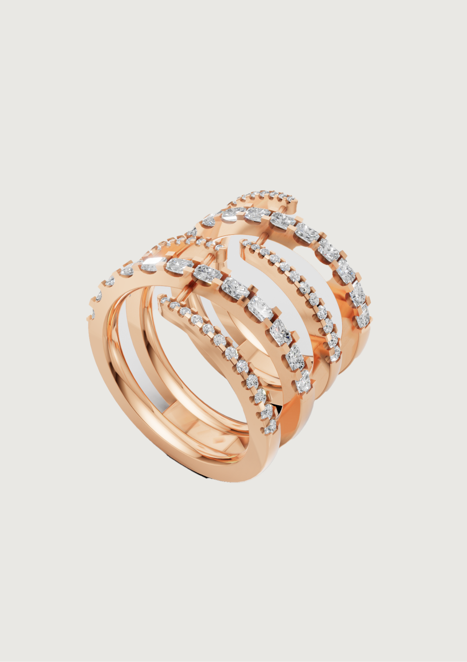 "Aurora Grasp" – Multi-Band Diamond Cage Ring in 14K Rose Gold Brilliance ✨