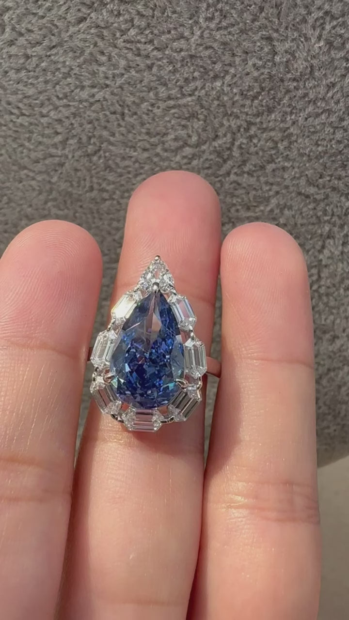 Ocean Bloom – 14K White Gold Blue Pear & Baguette Diamond Ring | DS IMPEX