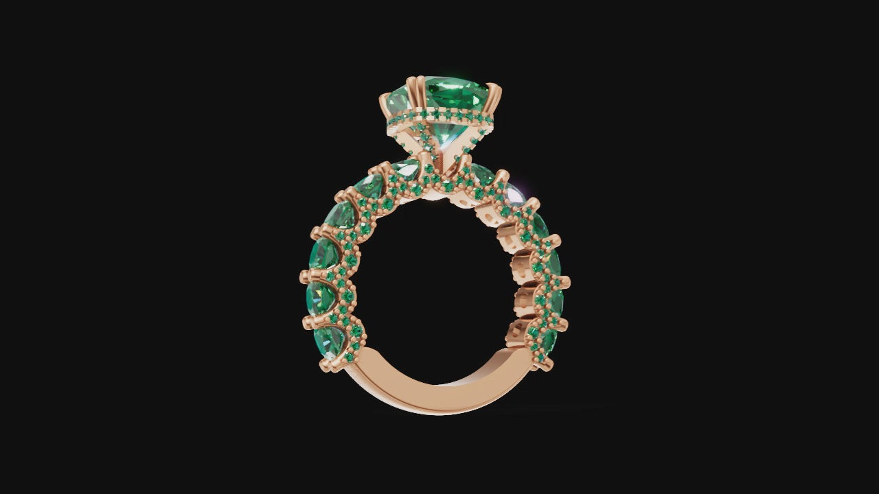 Cushion-Cut Emerald Statement Ring in Rose Gold | Triple-Row Green Gem