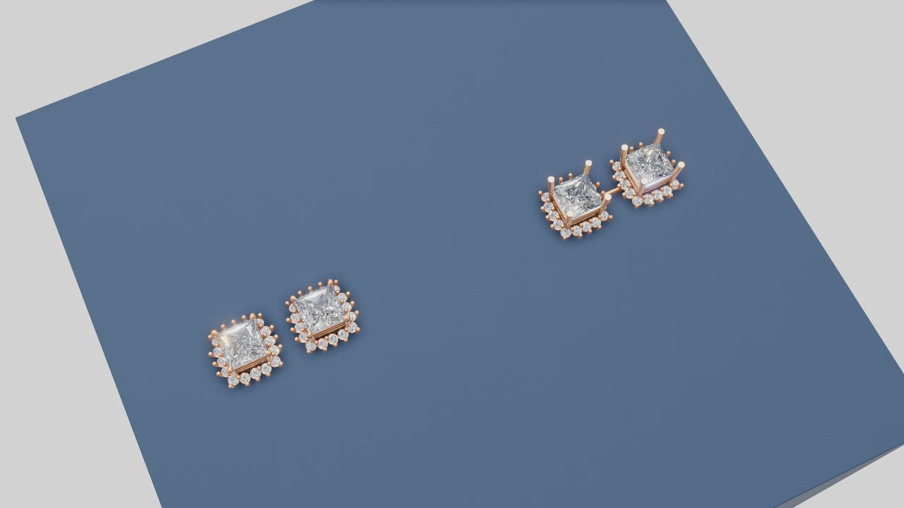 Royal Princess-Cut Halo Diamond Stud Earrings – Timeless Sparkle with Classic Edge 👑