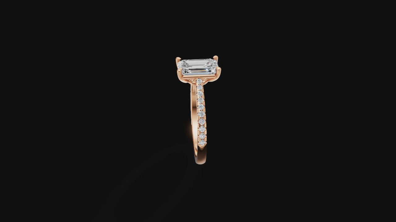 Eternal Grace – 1.60 ct Emerald Cut Diamond Solitaire Ring | 14K Rose Gold | Pave Band
