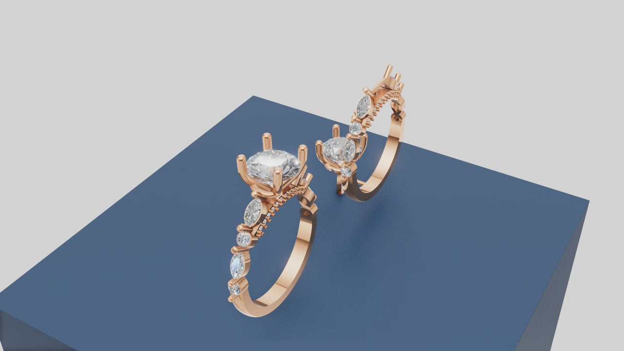 Classic Cushion Cut Diamond Ring with Marquise & Round Side Accents | Elegant 3D STL Jewelry Design