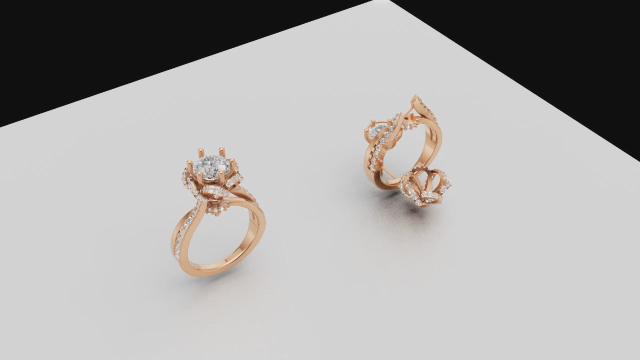 Twisted Double Halo Diamond Ring Design | Criss-Cross Shank Engagement Ring | 3D STL Download