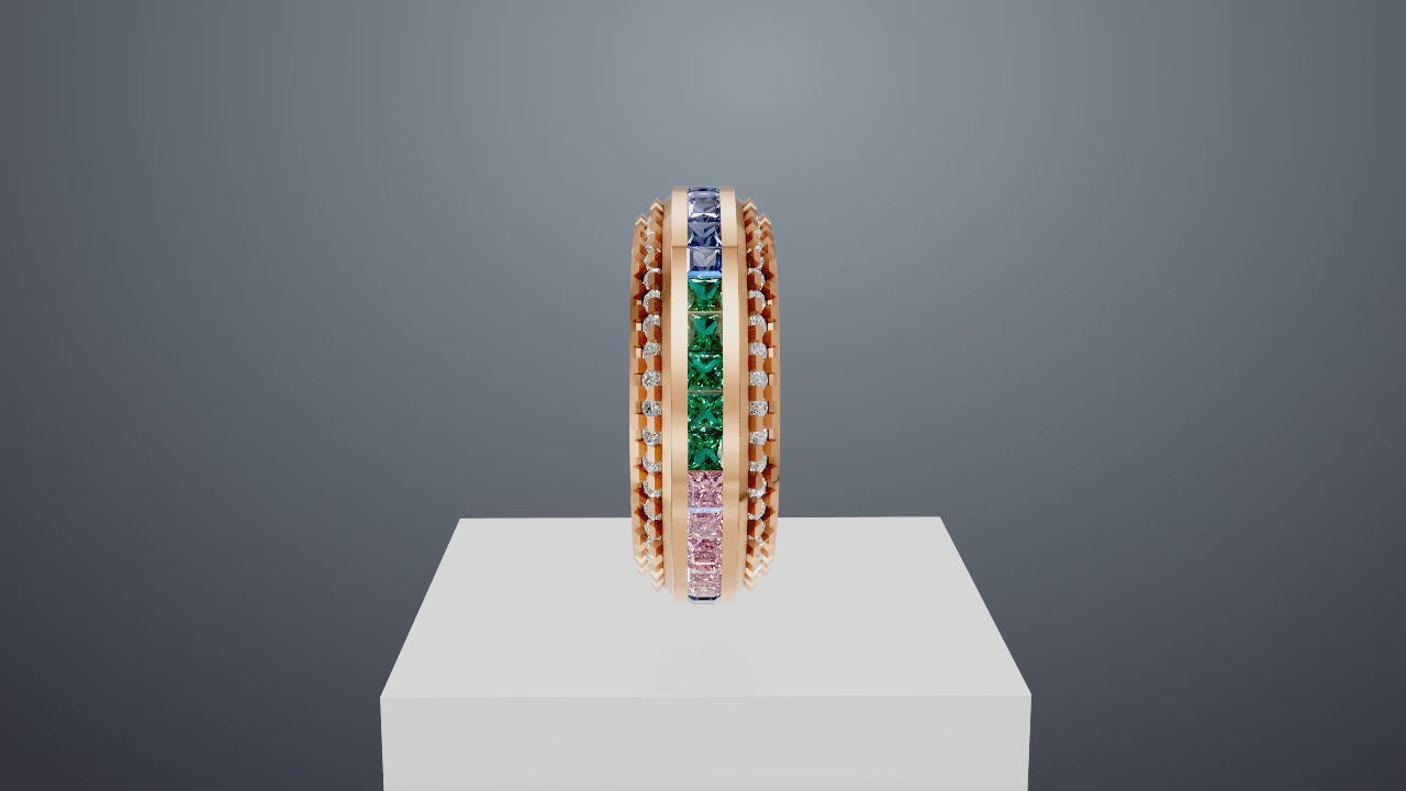 Rainbow Princess-Cut Gemstone Band Ring in Rose Gold – Luxe Multicolor Stacking Ring | DS IMPEX Exclusive