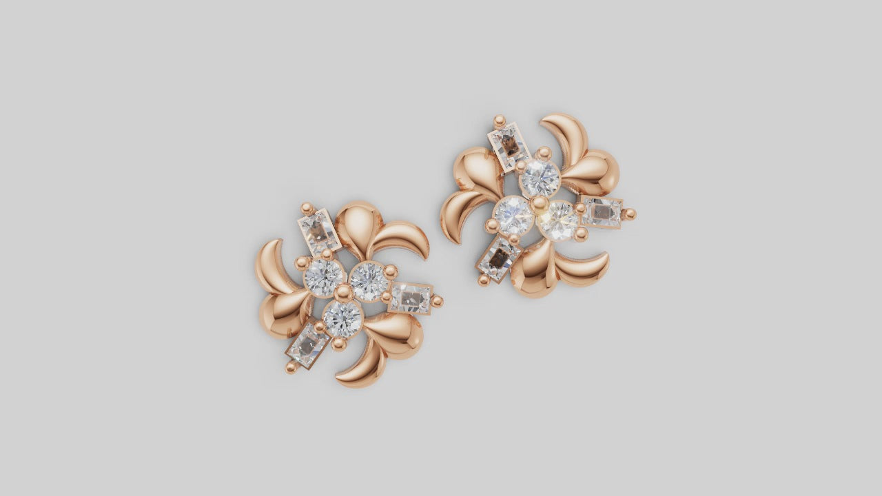 Golden Bloom Baguette Studs – Modern Floral Charm